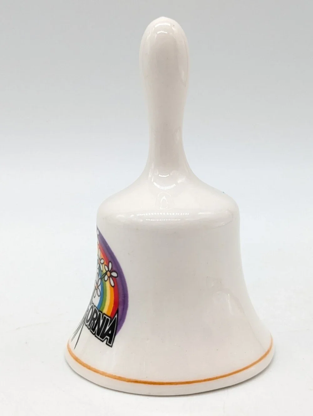 Vintage California White Rainbow Daisy Floral Ceramic Souvenir Bell